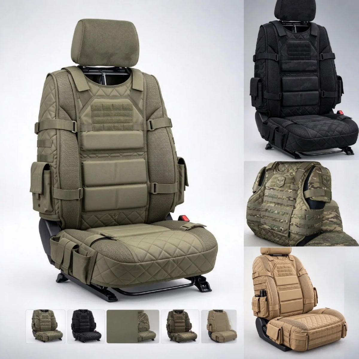 Tactical MOLLE seat cover in dark green, black and khaki
