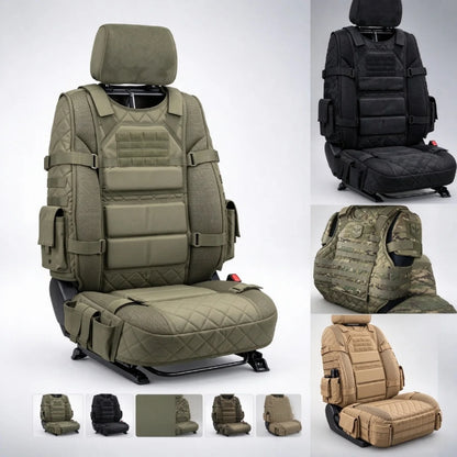 Tactical MOLLE seat cover in dark green, black and khaki