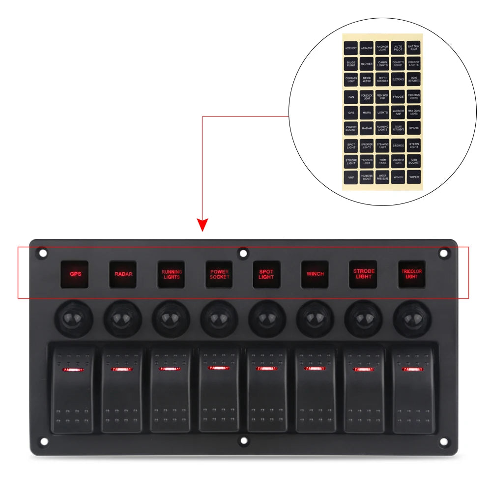 8 gang marine rocker switch panel with circuit breakers - red LED