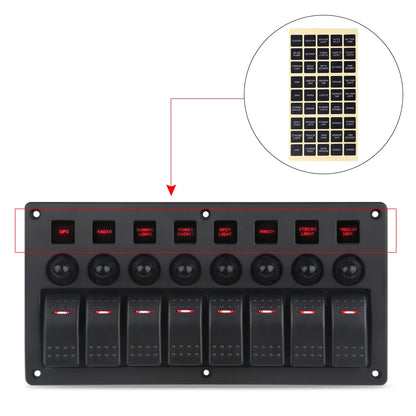 8 gang marine rocker switch panel with circuit breakers - red LED