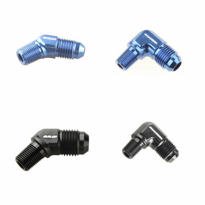 AN4 to 1/8 NPT 45 and 90 degree elbows in blue and black
