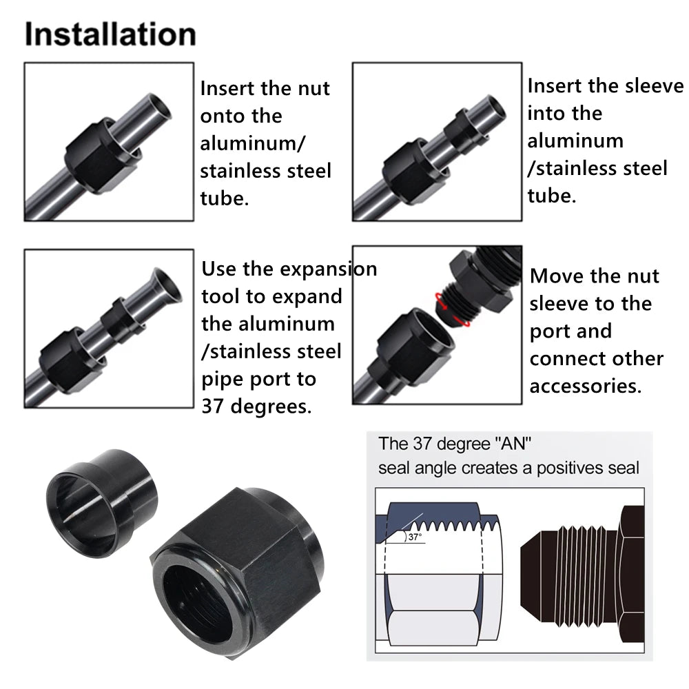 4AN 1/4 6AN 3/8 8AN 1/2 12AN 3/4 10AN Female to 5/8"Hardline Tube Nut and Sleeve Fitting Adapter Aluminum Tube Hose Line Fitting Tuck's Performance