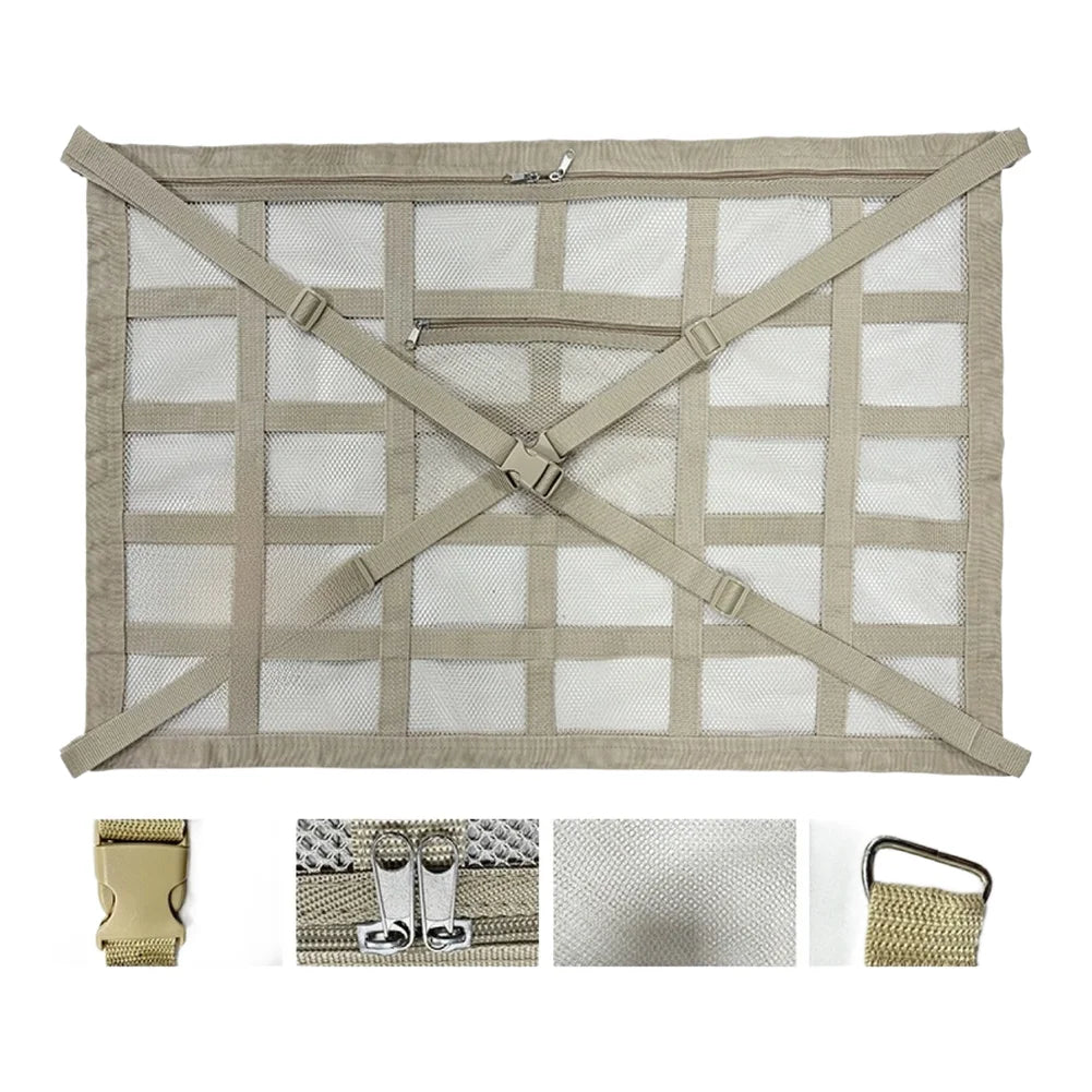 Ceiling cargo net with buckle, mesh and strap hook details