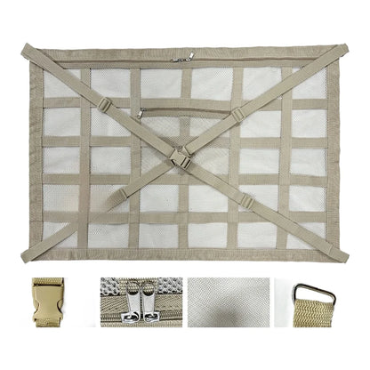 Ceiling cargo net with buckle, mesh and strap hook details