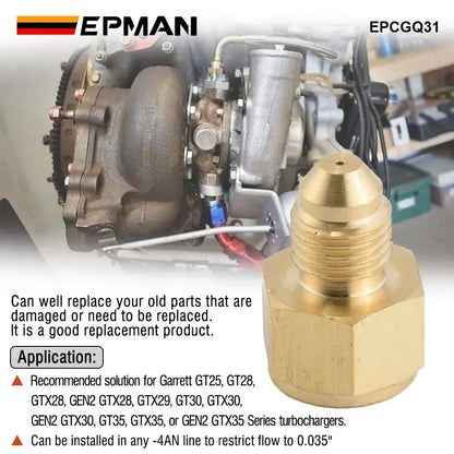 EPMAN Brass AN4 Inline Turbo Oil Feed Inlet Restrictor Fitting -4AN Male To -4AN Female 0.035" EPCGQ31 Tuck's Performance