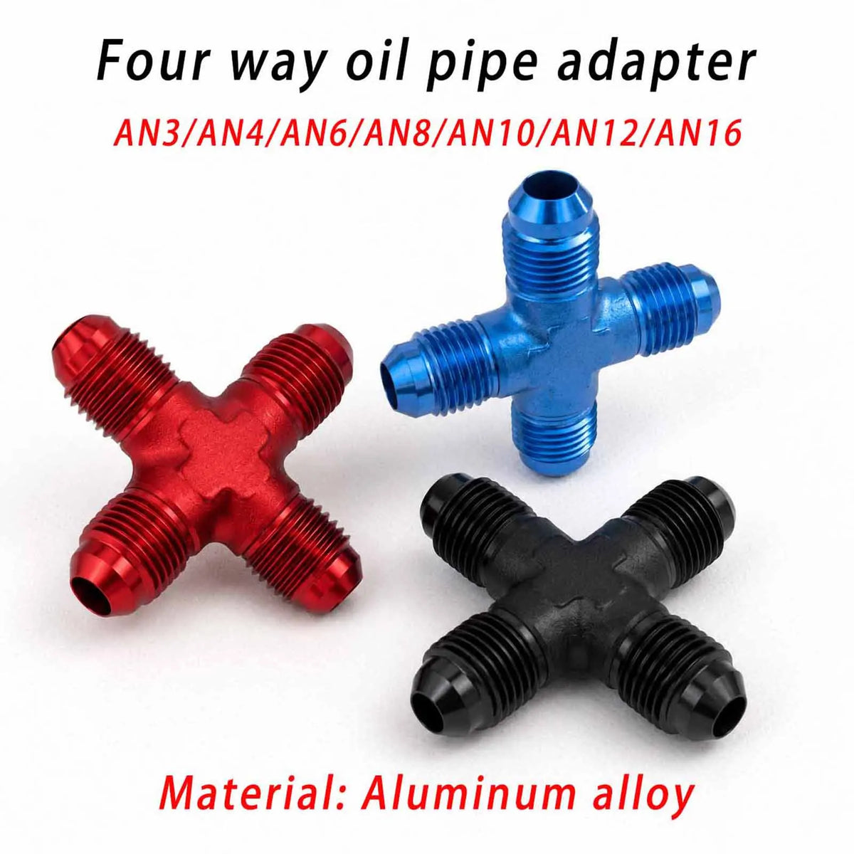 AN3/AN4/AN6/AN8/AN10/AN12/AN16 Aluminum Four-Way Cross Torch Adapter Fuel Line Hose AN Connector Red, Blue, Black Tuck's Performance