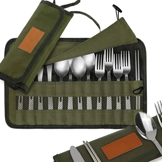 Canvas camping cutlery roll pouch - shown with cutlery (not included)
