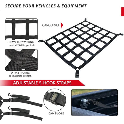 Heavy duty cargo net webbing, cam buckles and S-hook straps