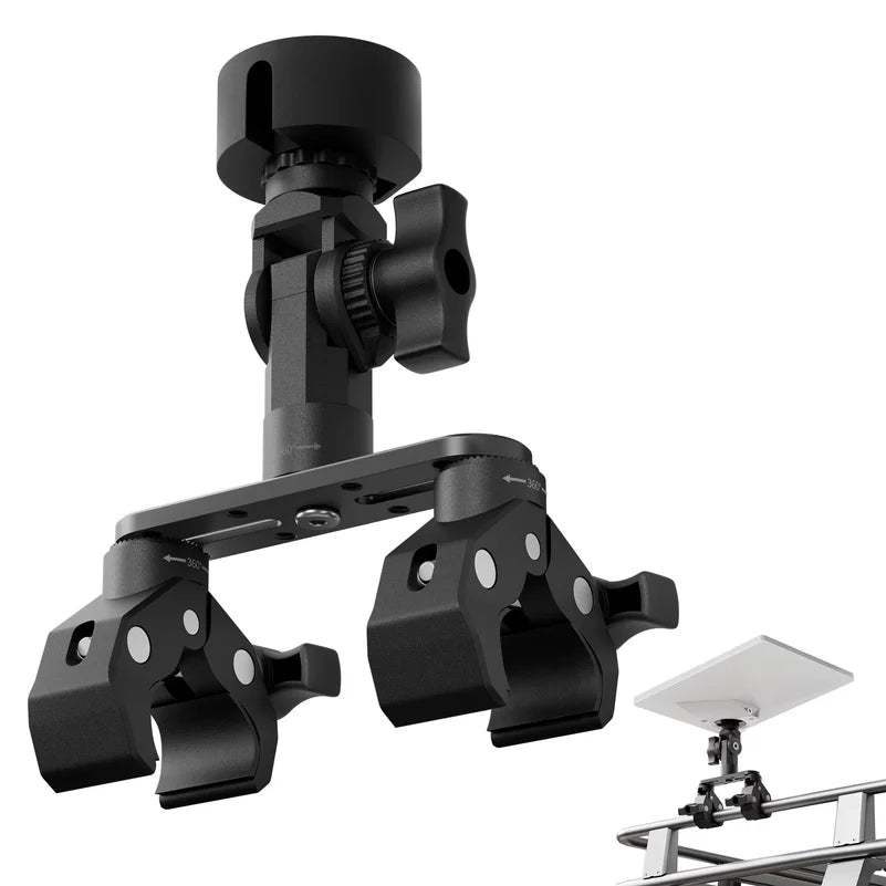 Starlink Mini pole clamp mount with dish fitted on a rail