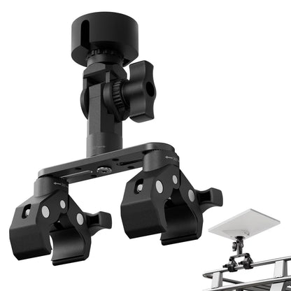 Starlink Mini pole clamp mount with dish fitted on a rail