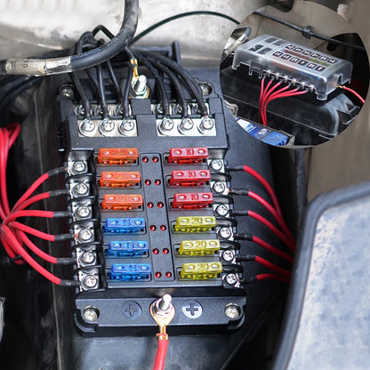 Blade Fuse Box 6 or 12 Way - M5 Stud with LED Fault Indicators, 12-32V Tucks Performance