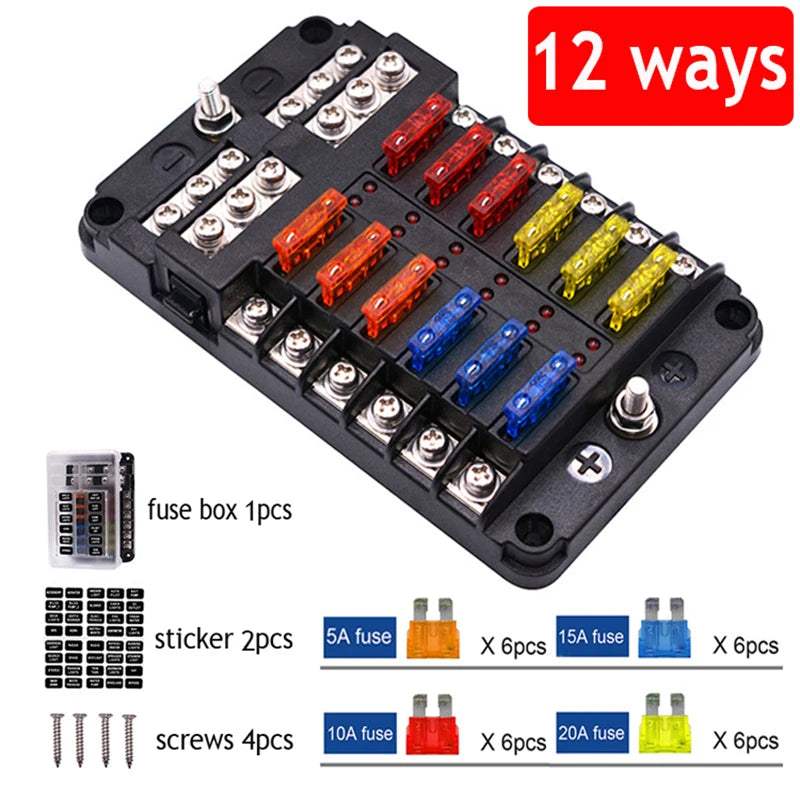 Blade Fuse Box 6 or 12 Way - M5 Stud with LED Fault Indicators, 12-32V Tucks Performance