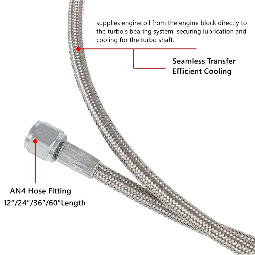 Universal 12' 24' 36' 48'60' AN4 90 Degree X Straight PTFE Turbine Oil Feed Pipe Turbo Oil Feed Line Kit Stainless Steel Braided Tuck's Performance