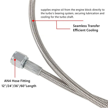 Universal 12' 24' 36' 48'60' AN4 90 Degree X Straight PTFE Turbine Oil Feed Pipe Turbo Oil Feed Line Kit Stainless Steel Braided Tuck's Performance