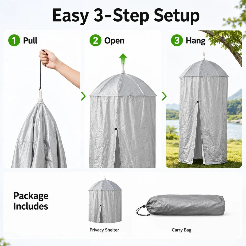 Three step setup - pull, open and hang the privacy tent