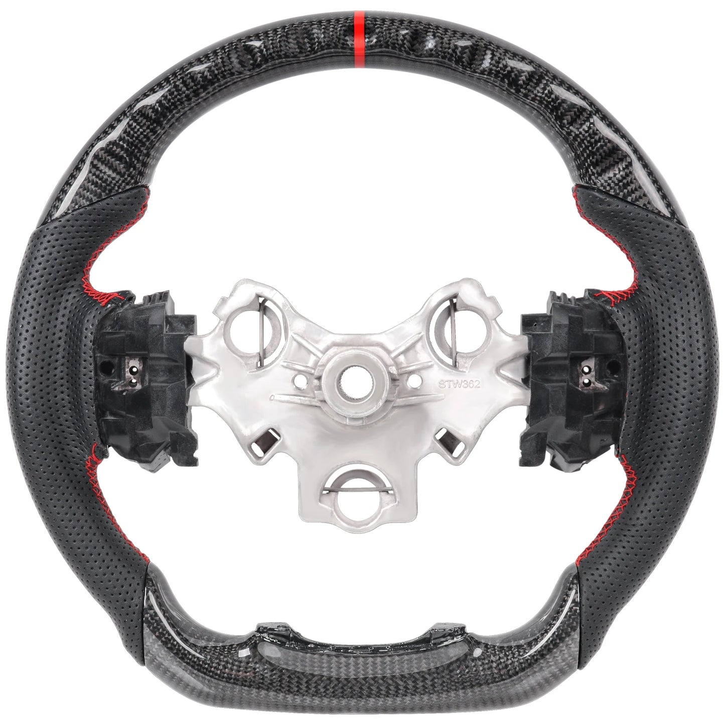 Perforated leather grip detail on carbon fibre steering wheel