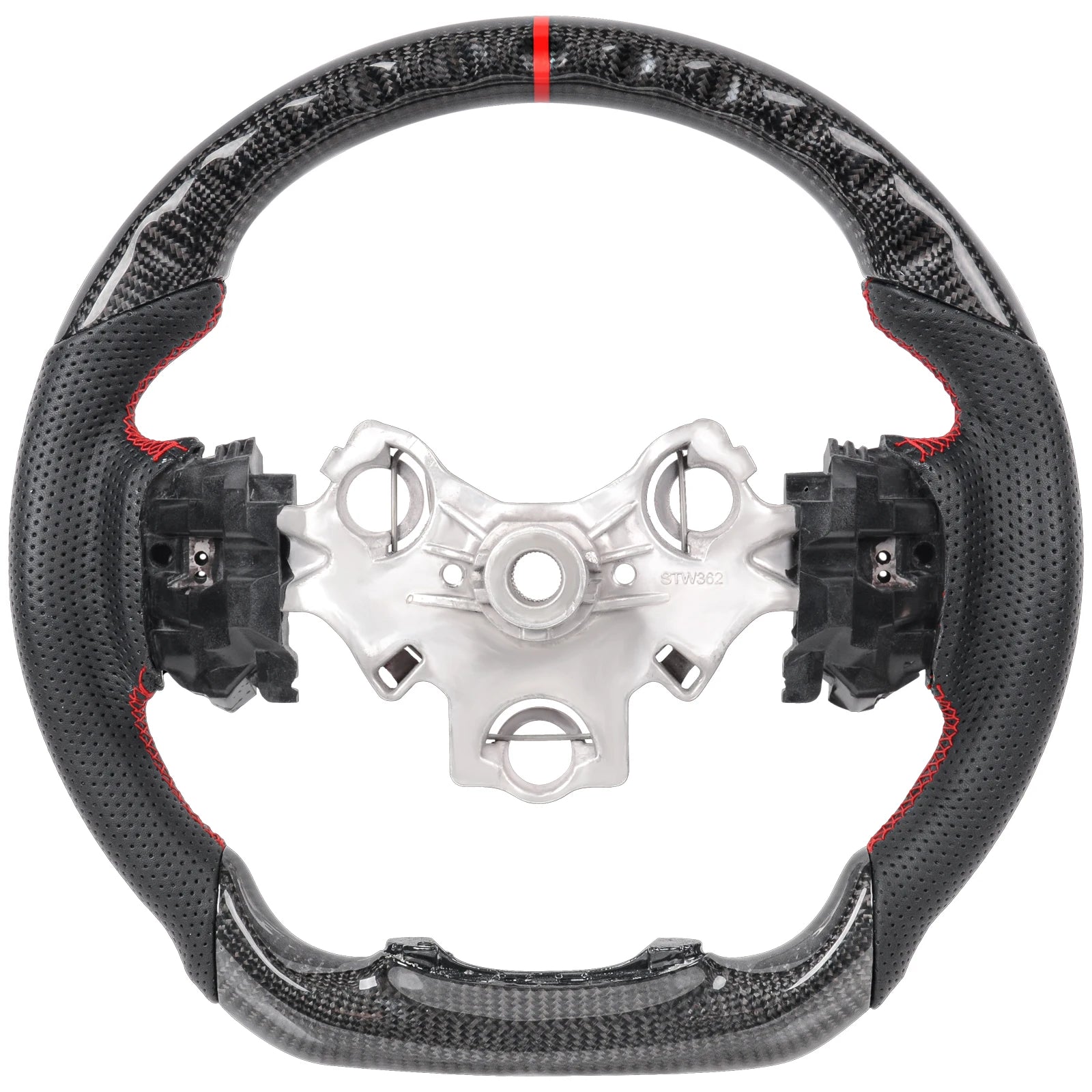 Perforated leather grip detail on carbon fibre steering wheel