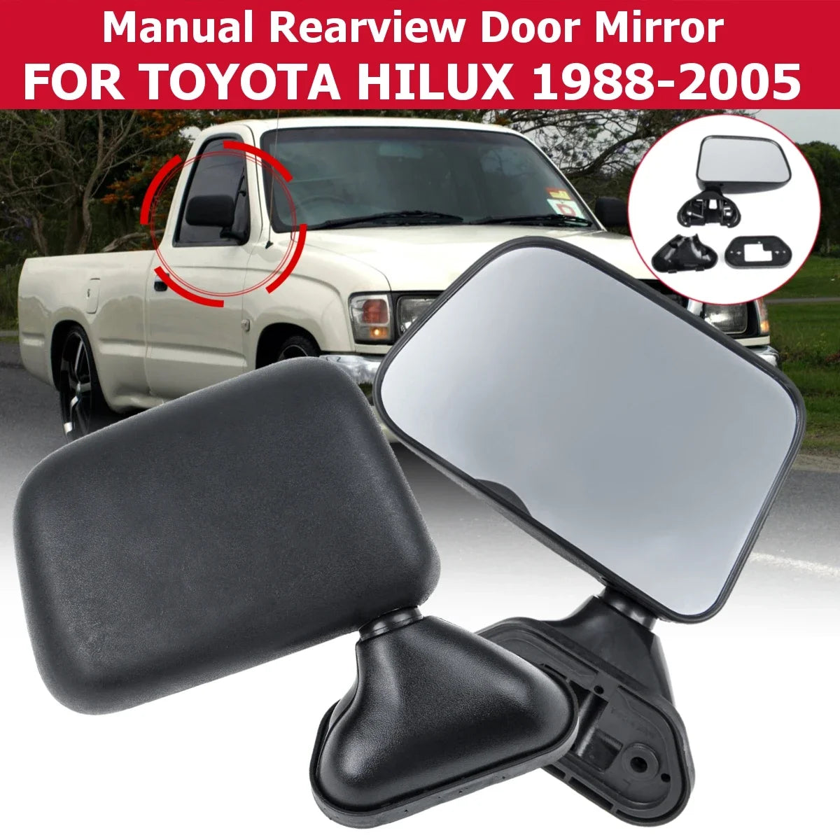 Black manual door mirror pair to suit Hilux 1988-2005 ute