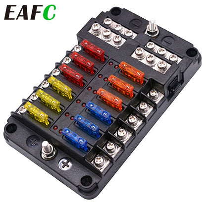 Blade Fuse Box 6 or 12 Way - M5 Stud with LED Fault Indicators, 12-32V Tucks Performance