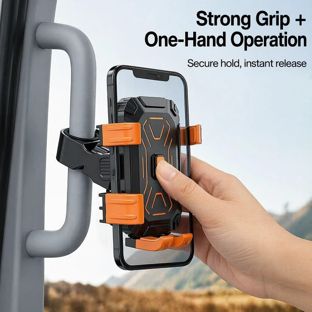 Phone clamped in the grab handle mount on an A-pillar