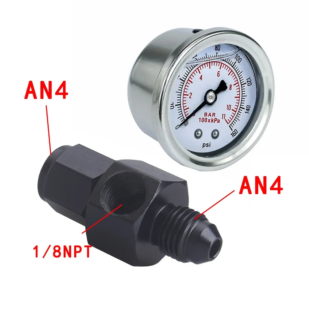 Universal Fuel Pressure Gauge Liquid 0-100psi Oil Press Gauge 1/8" NPT with Fuel Pressure Take Off Fitting AN6 AN8 AN10 Adapter Tuck's Performance