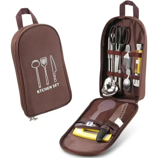 Brown camp utensil organiser bag shown closed and open with utensils