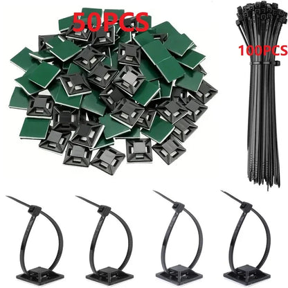 50/100/150pcs Nylon Self-Adhesive Cable Ties Mount Wire Fasten Organizer Fixers Easy Cable Management System Reusable Durable Tuck's Performance