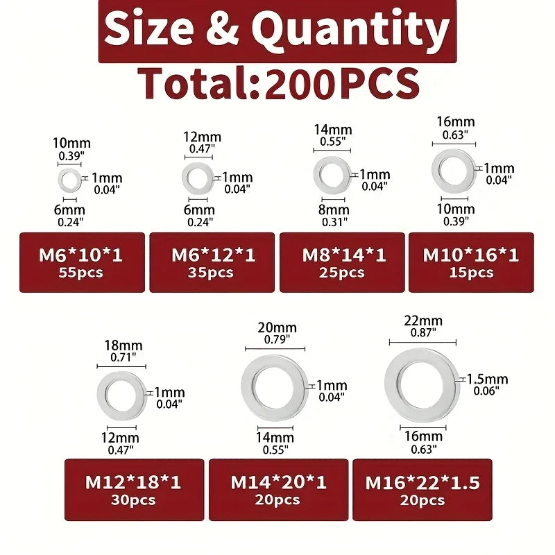 Aluminium Crush Washer Kit 200 Piece, 7 Sizes M6 to M16 for Sump Plugs and Fittings Tucks Performance