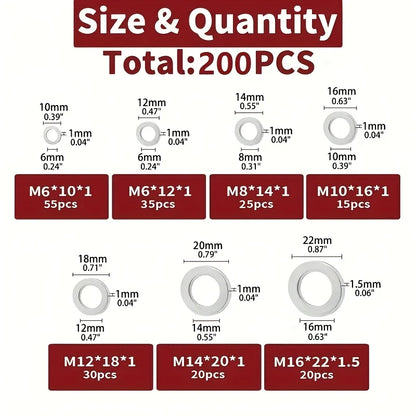 Aluminium Crush Washer Kit 200 Piece, 7 Sizes M6 to M16 for Sump Plugs and Fittings Tucks Performance