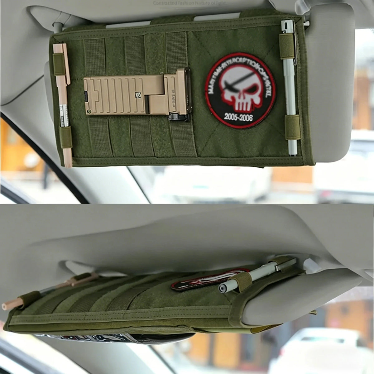 Green MOLLE visor panel fitted to a car sun visor