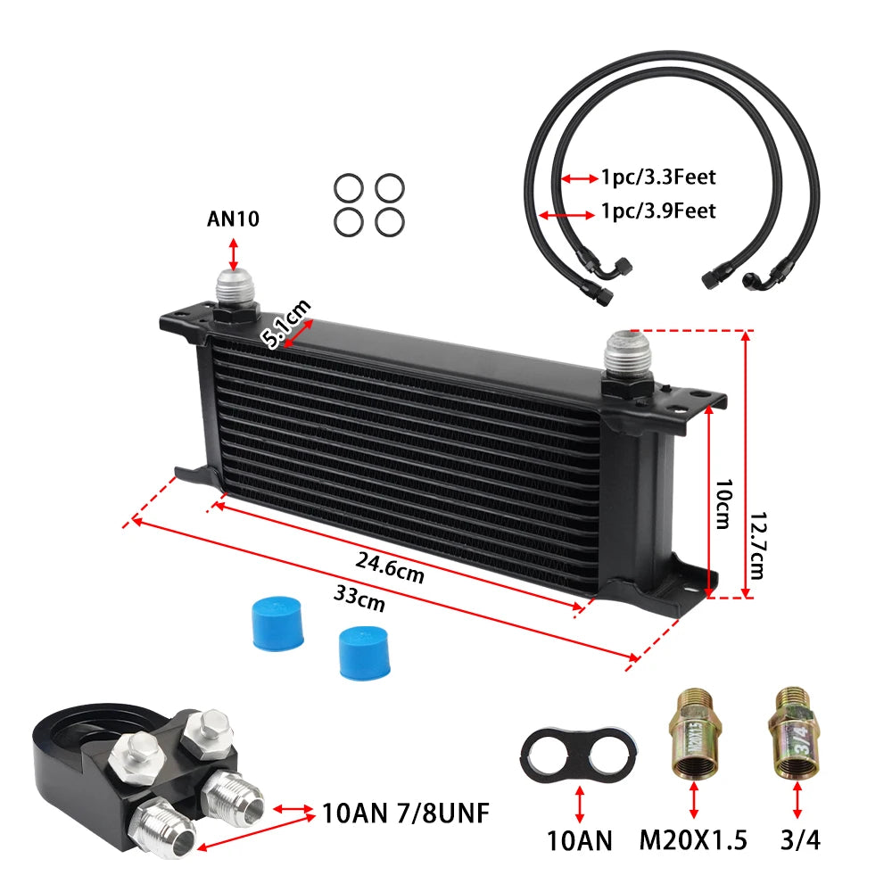Universal 13 Rows Oil Cooler Kit, 10AN Transmission Engine Cooler W/Oil Filter Sandwich Adapter Nylon Braided Hose Line Kit Tuck's Performance