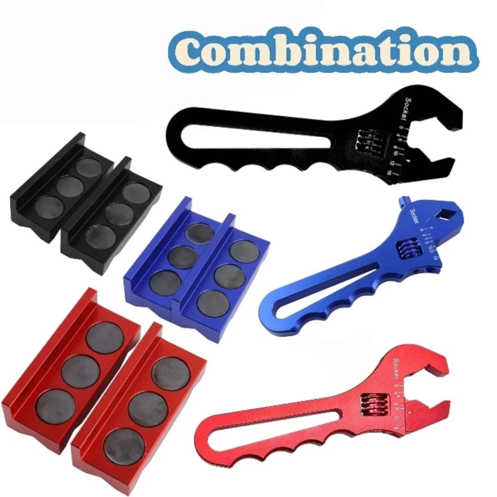 Adjustable AN spanner and magnetic vise jaws in black, blue and red