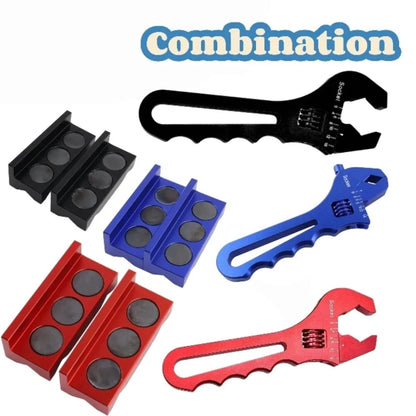 Adjustable AN spanner and magnetic vise jaws in black, blue and red