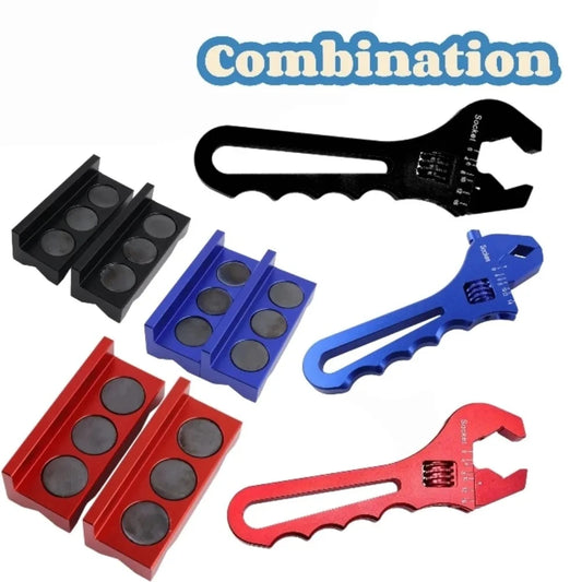 Adjustable AN spanner and magnetic vise jaws in black, blue and red
