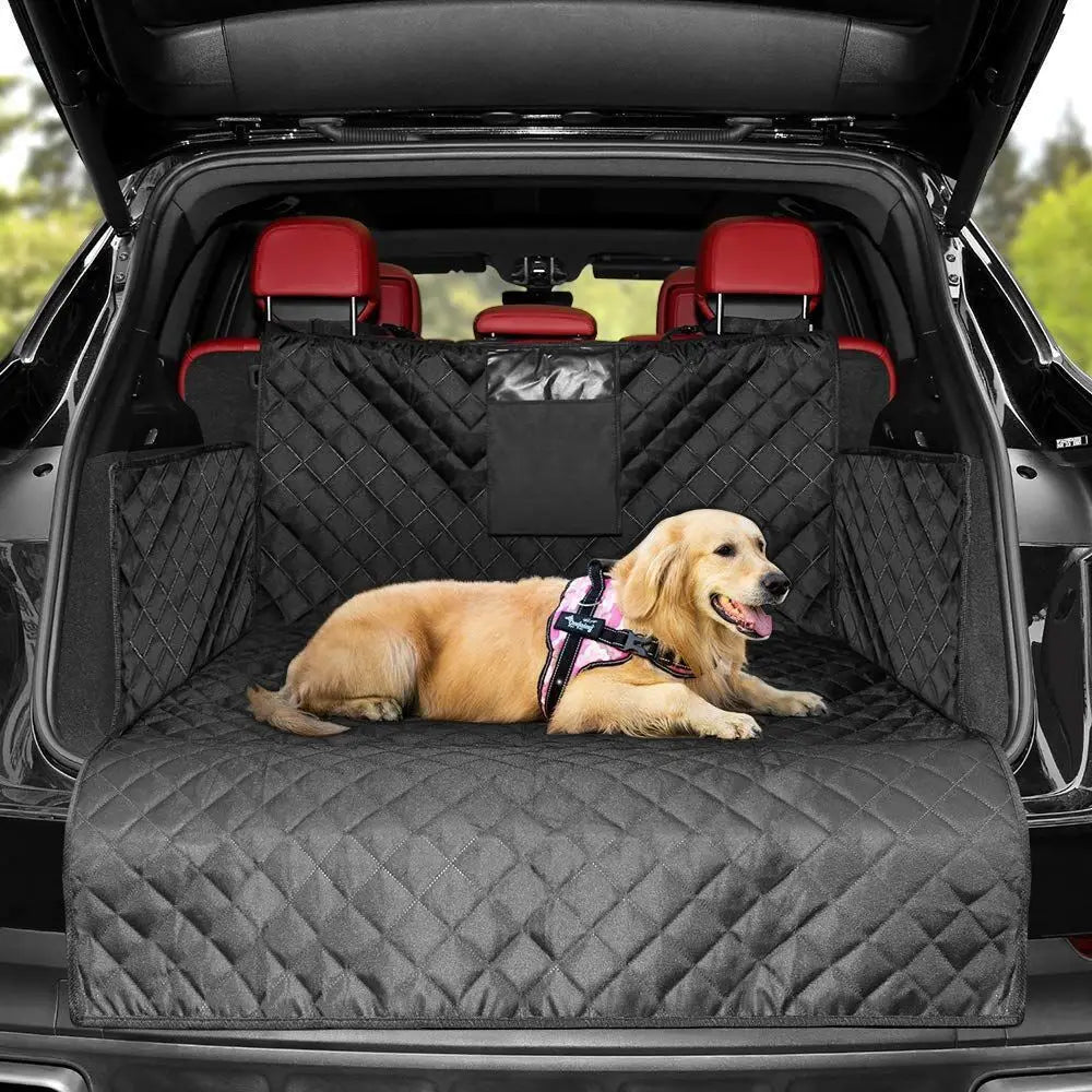 Waterproof dog boot liner fitted in an SUV cargo area with dog