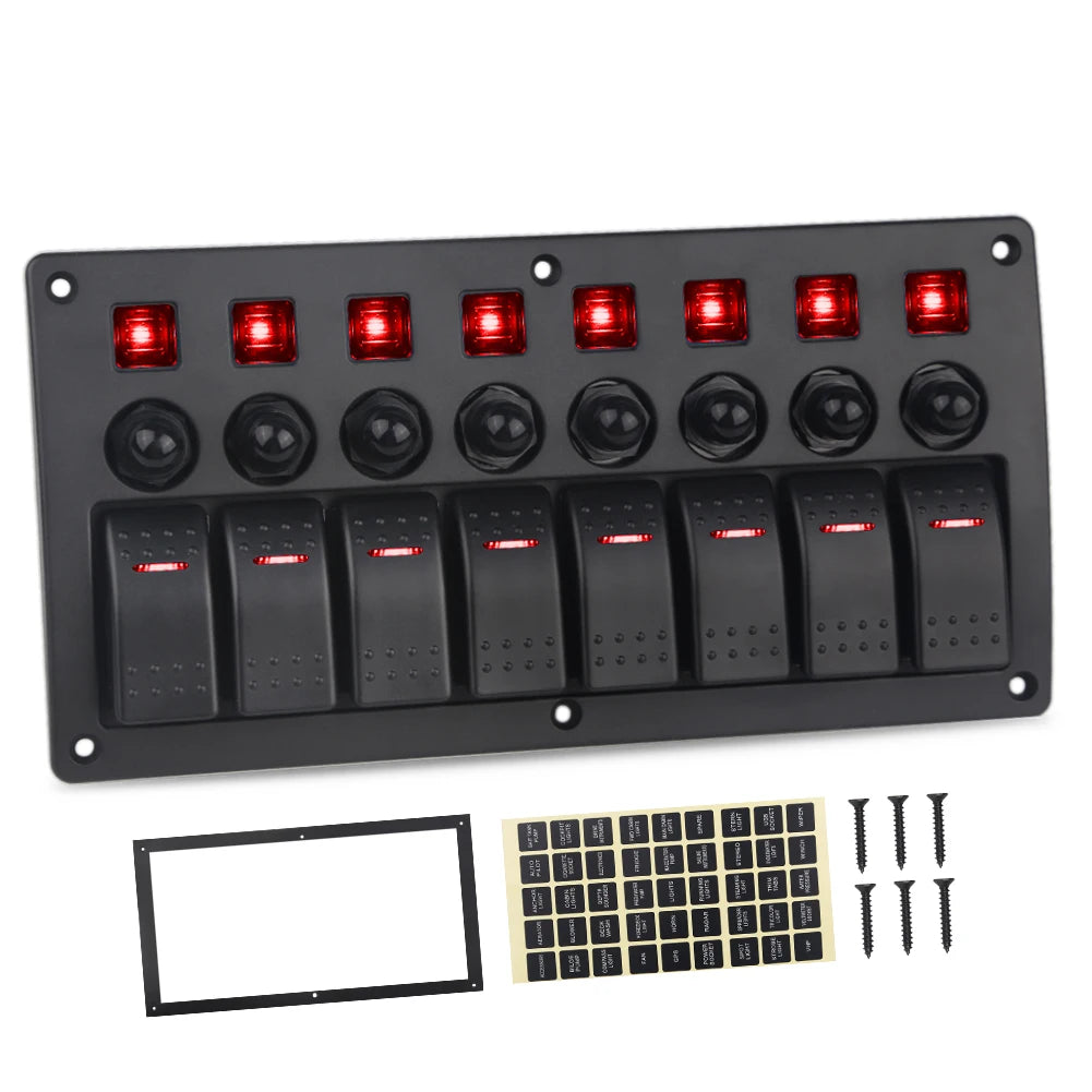 8 gang marine rocker switch panel with circuit breakers - red LED with accessories