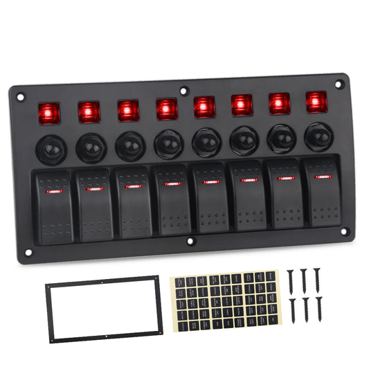 8 gang marine rocker switch panel with circuit breakers - red LED with accessories