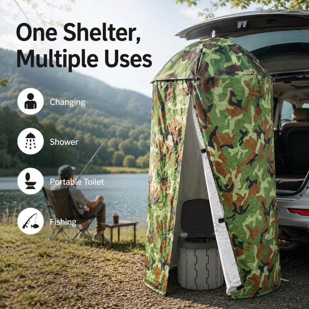 Camo privacy tent used for changing, showering and a portable toilet