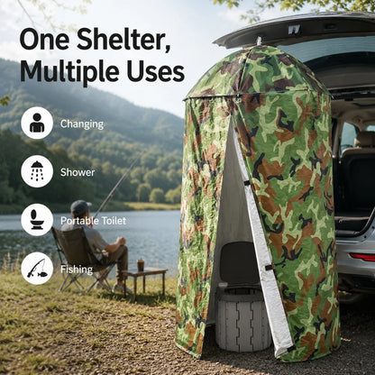 Camo privacy tent used for changing, showering and a portable toilet