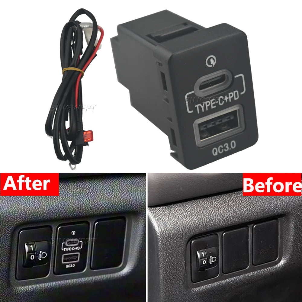 Red LED Car USB Charger PD Quick Charge Phone Charging Adapter Outlet Button For Mitsubishi Outlander Eclipse Cross L200 Triton Tuck's Performance
