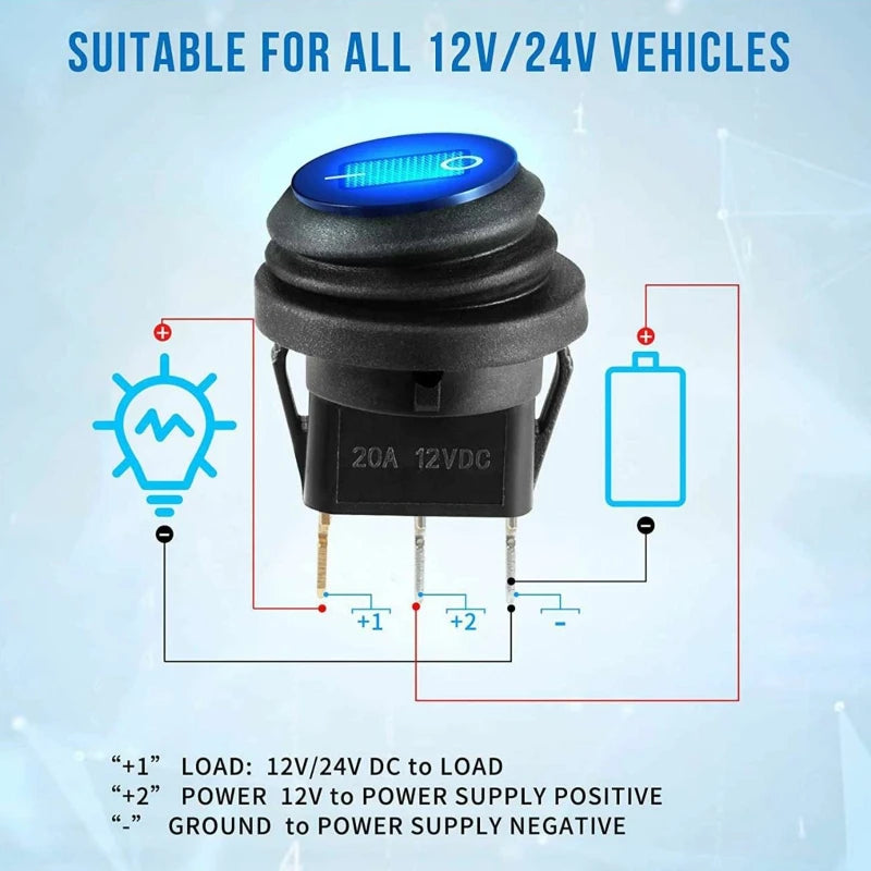 12V 20A Waterproof Rocker Switch Blue LED Lighted Round ON Off 3 Pin 12 Volt Weatherproof for Marine Car RV Truck Tuck's Performance