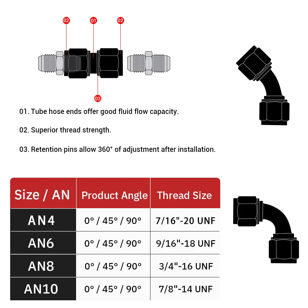 4AN 6AN 8AN 10AN Female to AN Female Union Straight 0 45 90 Degrees Swivel Hose End Fitting Adaptors Aluminum Oil Fuel Connector Tuck's Performance