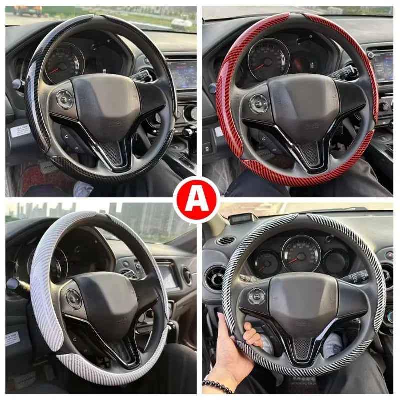2 piece carbon-look steering wheel covers fitted to car wheels