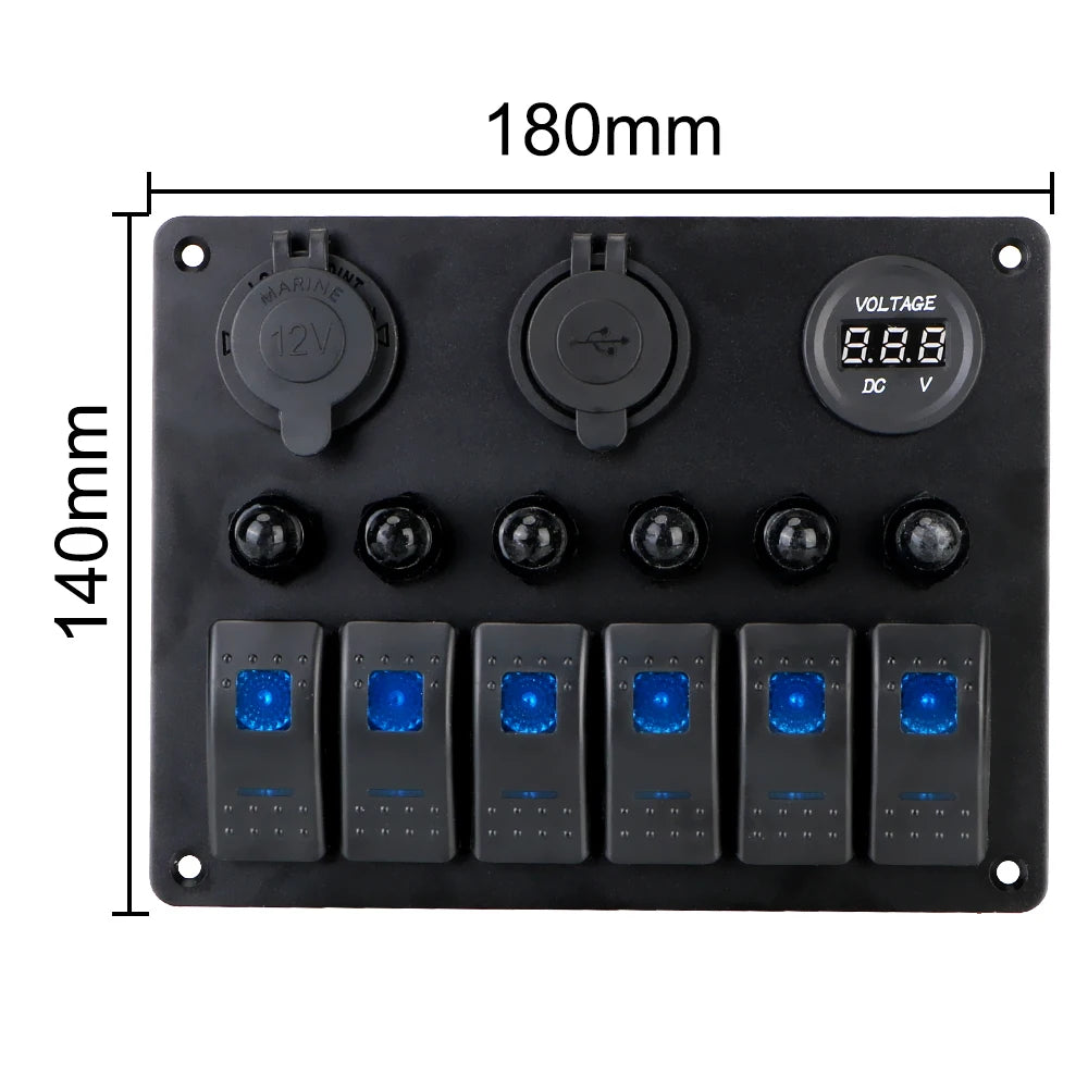 12V 24V 6 Buttons Car Switch Panel 15A Fuse Marine Circuit Breaker Voltmeter Tester Light Toggle USB Chargers 3.0 Auto Splitter Tuck's Performance