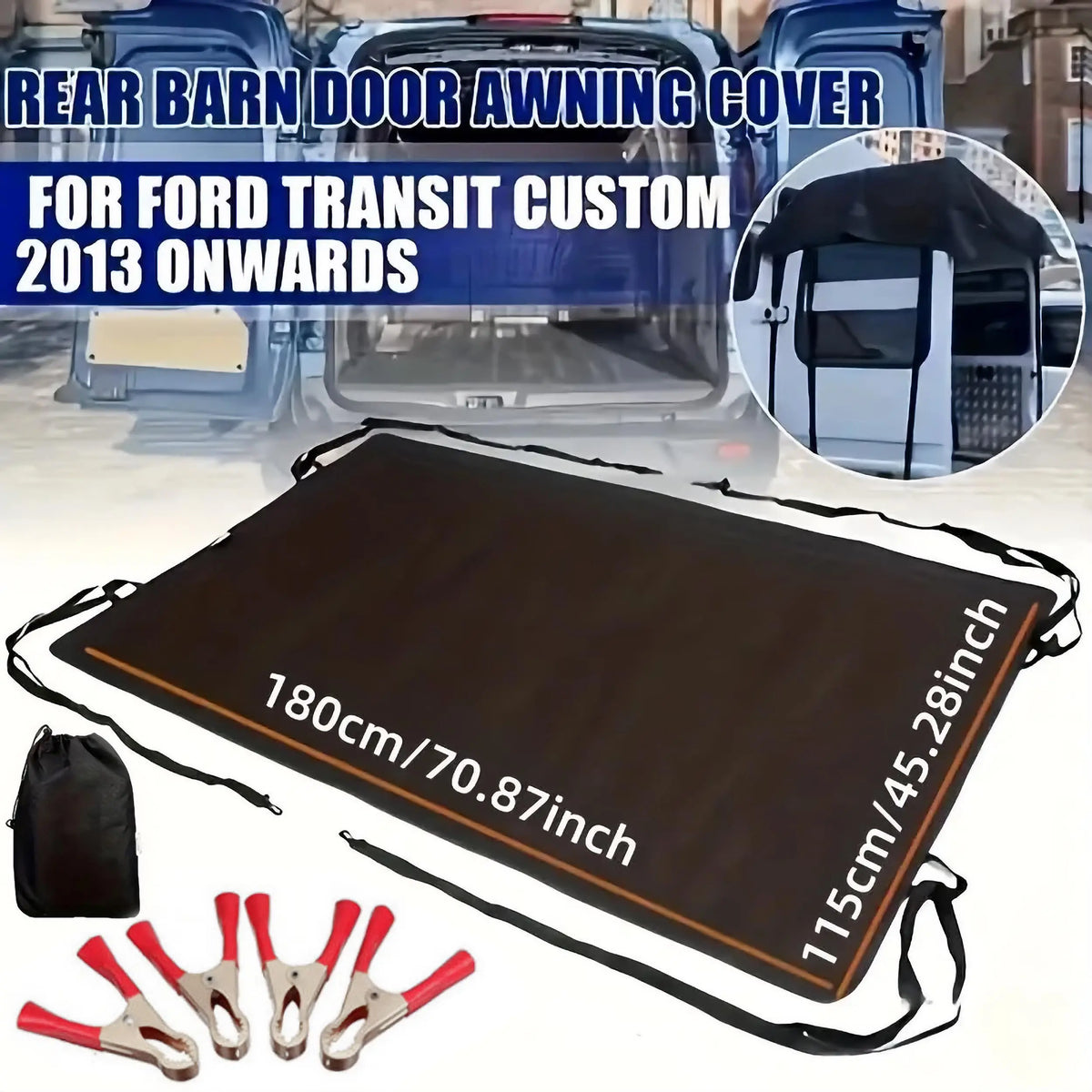 Barn door awning cover laid flat, 180 x 115 cm, with clamps and bag