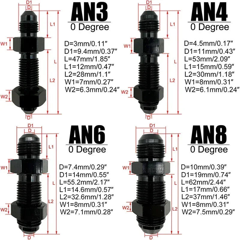 2X AN3 AN4 AN6 AN8 AN10 AN12 0 Degree Flare Bulkhead Fitting Fuel Hose Straight Male To Male Adapter w/Nut For Tab or Wirewall Tuck's Performance