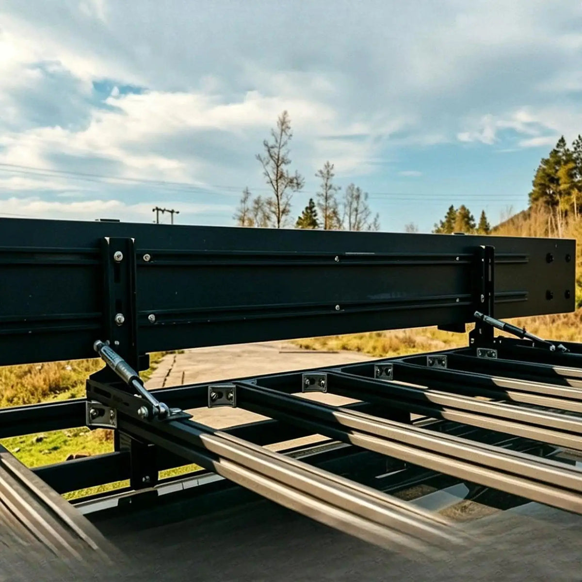 Awning mounted on a 4WD platform roof rack with folding brackets