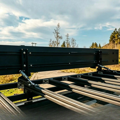 Awning mounted on a 4WD platform roof rack with folding brackets