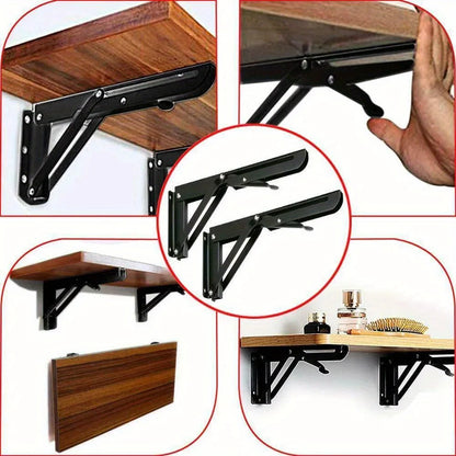 Folding shelf brackets used for wall shelves and fold-down benches