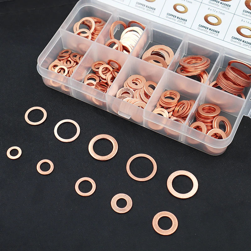 200pcs Copper Washer Gasket Nut & Bolt Set - Perfect For Sump Plugs - Includes Box & Assorted Sizes (M5/M6/M8/M10/M12/M14) Tuck's Performance